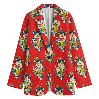 Japanese Cat Maneki Neko Pattern Print Women's Cotton Blazer