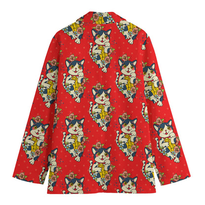 Japanese Cat Maneki Neko Pattern Print Women's Cotton Blazer