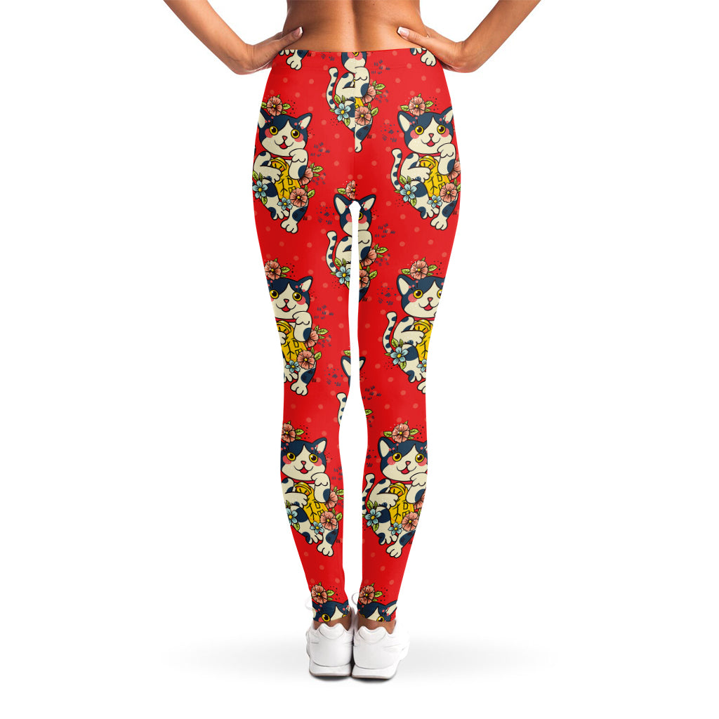 Japanese Cat Maneki Neko Pattern Print Women's Leggings