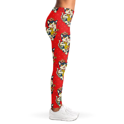 Japanese Cat Maneki Neko Pattern Print Women's Leggings