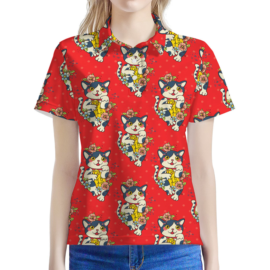 Japanese Cat Maneki Neko Pattern Print Women's Polo Shirt