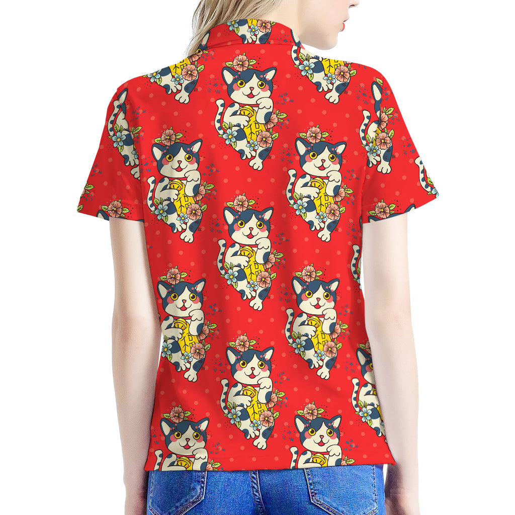 Japanese Cat Maneki Neko Pattern Print Women's Polo Shirt