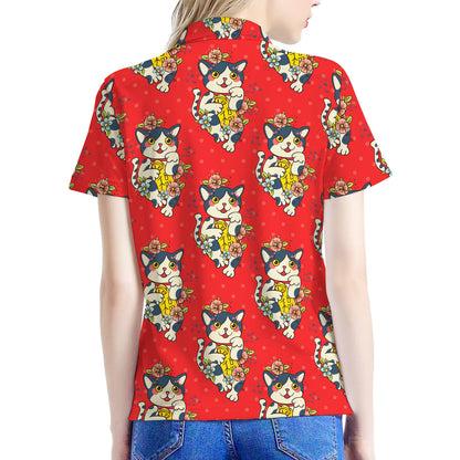 Japanese Cat Maneki Neko Pattern Print Women's Polo Shirt