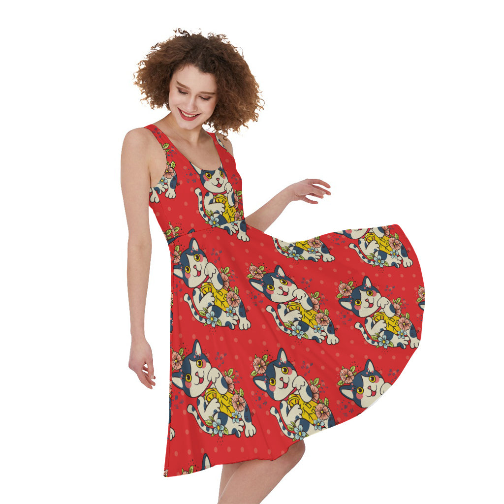 Japanese Cat Maneki Neko Pattern Print Women's Sleeveless Dress