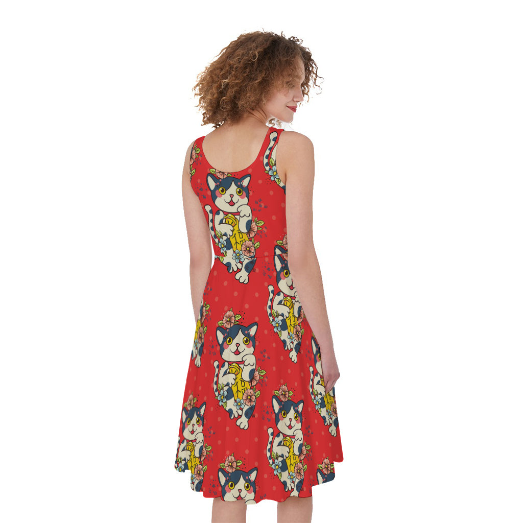 Japanese Cat Maneki Neko Pattern Print Women's Sleeveless Dress