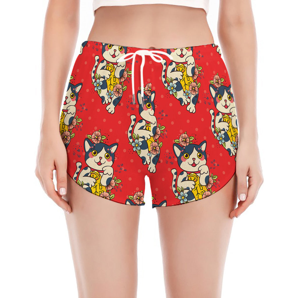 Japanese Cat Maneki Neko Pattern Print Women's Split Running Shorts