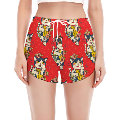 Japanese Cat Maneki Neko Pattern Print Women's Split Running Shorts