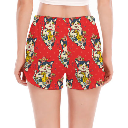 Japanese Cat Maneki Neko Pattern Print Women's Split Running Shorts
