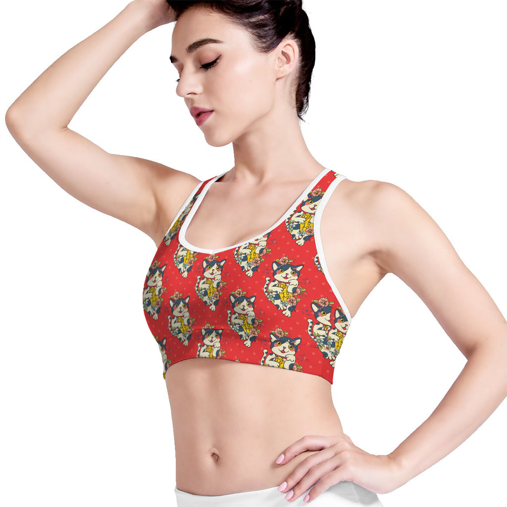 Japanese Cat Maneki Neko Pattern Print Women's Sports Bra