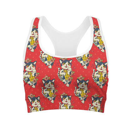 Japanese Cat Maneki Neko Pattern Print Women's Sports Bra