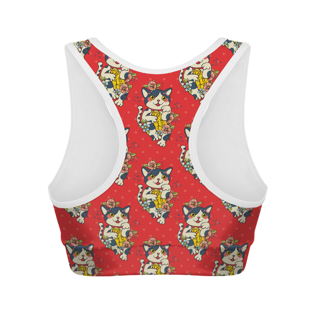 Japanese Cat Maneki Neko Pattern Print Women's Sports Bra