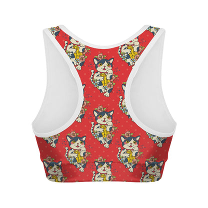 Japanese Cat Maneki Neko Pattern Print Women's Sports Bra