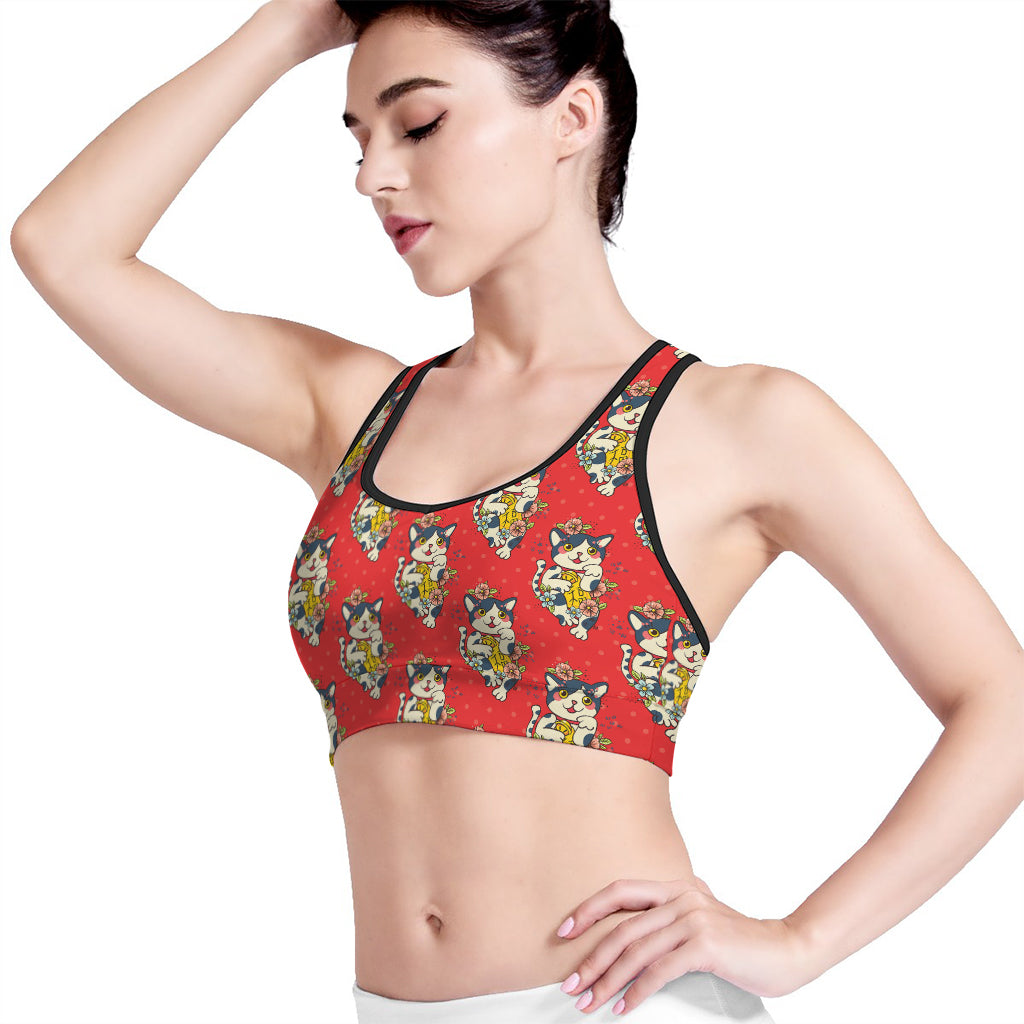 Japanese Cat Maneki Neko Pattern Print Women's Sports Bra