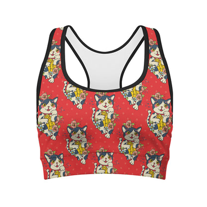 Japanese Cat Maneki Neko Pattern Print Women's Sports Bra