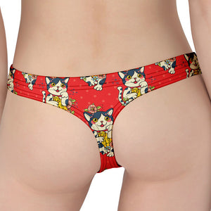 Japanese Cat Maneki Neko Pattern Print Women's Thong