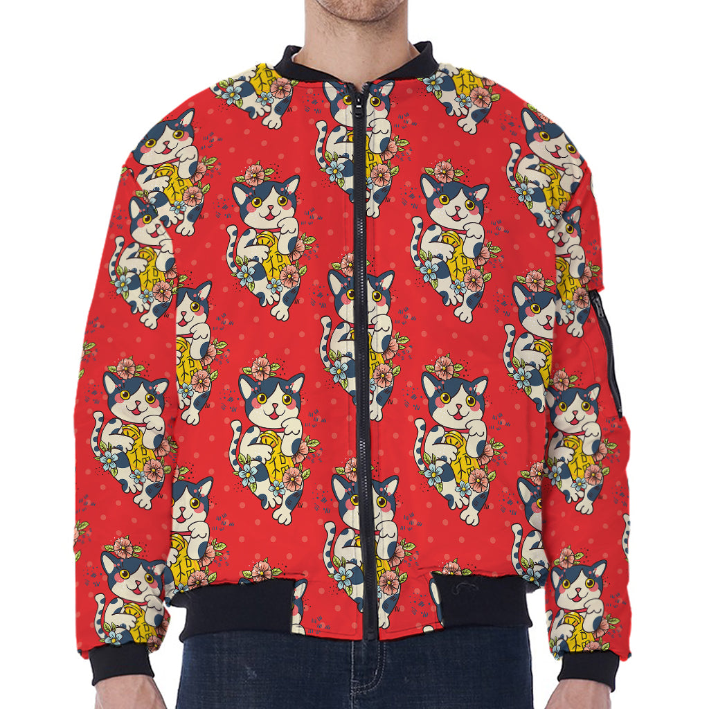 Japanese Cat Maneki Neko Pattern Print Zip Sleeve Bomber Jacket