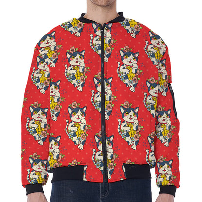 Japanese Cat Maneki Neko Pattern Print Zip Sleeve Bomber Jacket