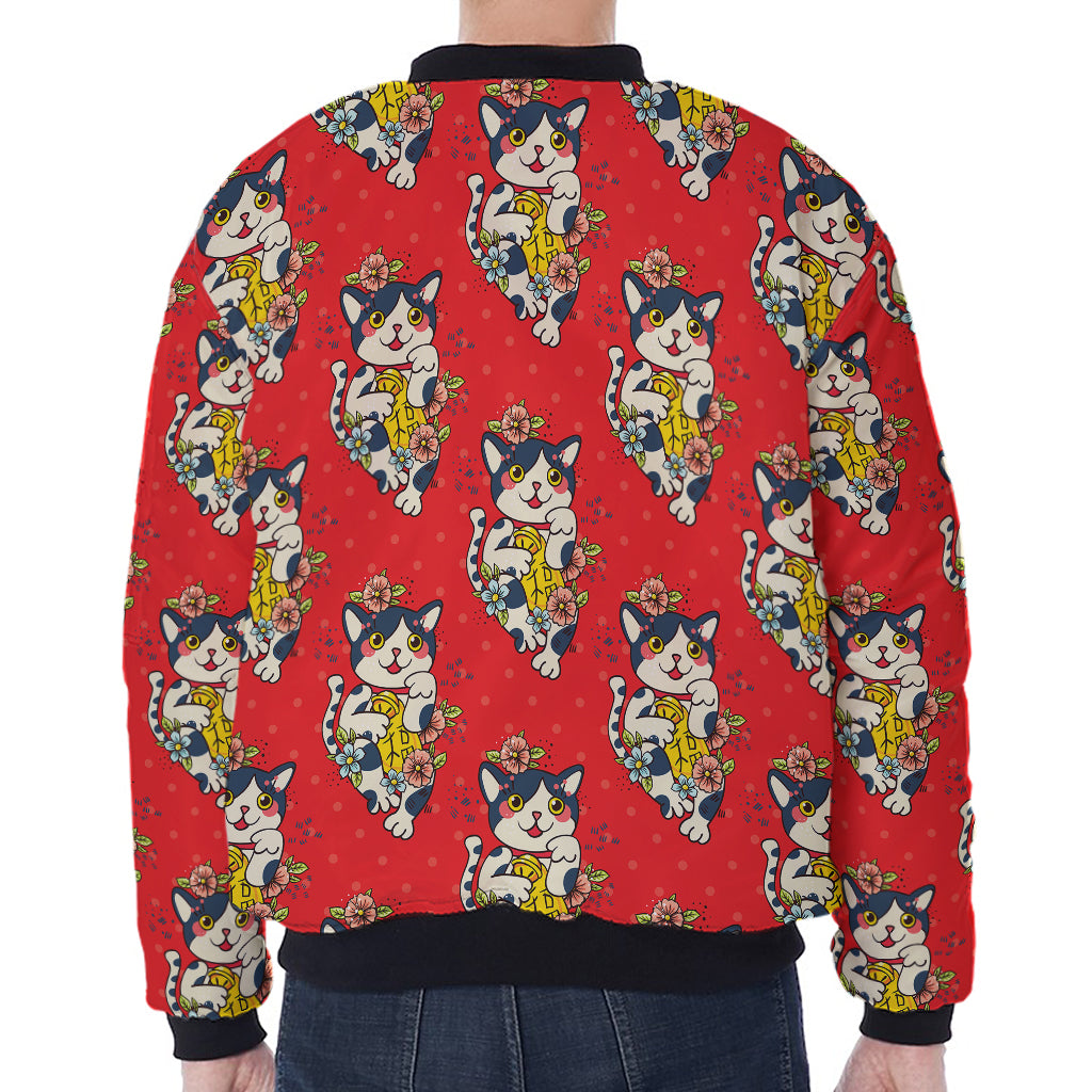 Japanese Cat Maneki Neko Pattern Print Zip Sleeve Bomber Jacket