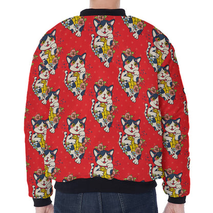 Japanese Cat Maneki Neko Pattern Print Zip Sleeve Bomber Jacket