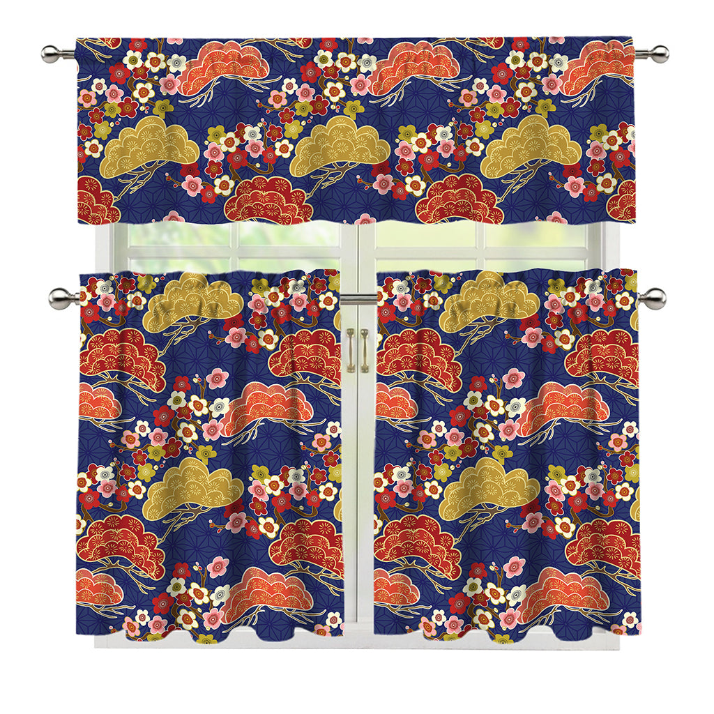 Japanese Cherry Blossom Pattern Print 3 Piece Kitchen Curtains