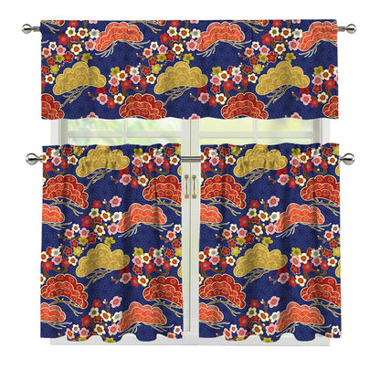 Japanese Cherry Blossom Pattern Print 3 Piece Kitchen Curtains