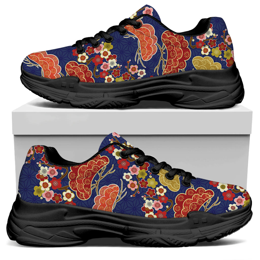Japanese Cherry Blossom Pattern Print Black Chunky Shoes
