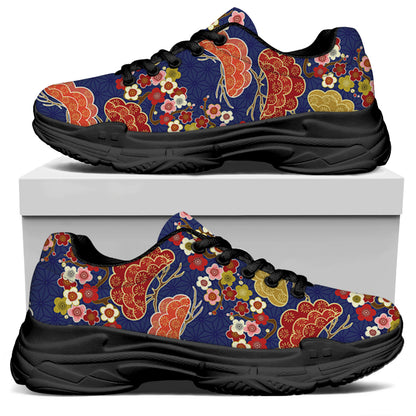 Japanese Cherry Blossom Pattern Print Black Chunky Shoes