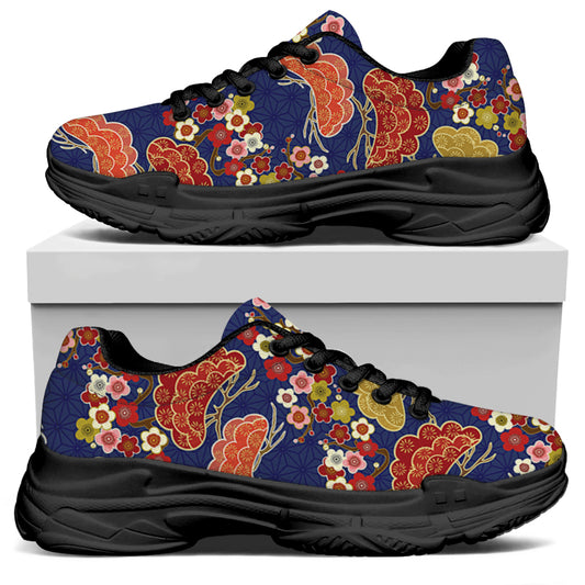 Japanese Cherry Blossom Pattern Print Black Chunky Shoes