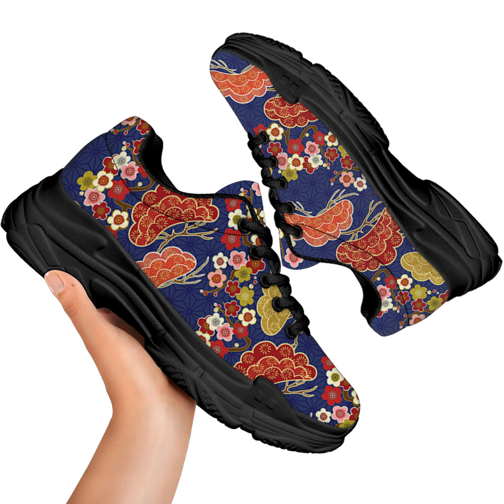 Japanese Cherry Blossom Pattern Print Black Chunky Shoes