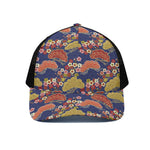 Japanese Cherry Blossom Pattern Print Black Mesh Trucker Cap