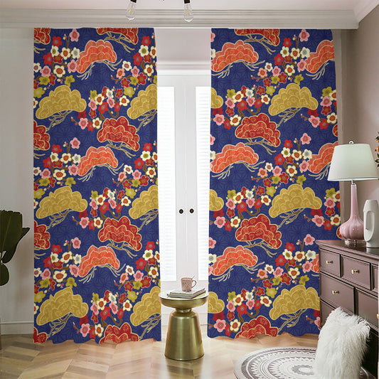 Japanese Cherry Blossom Pattern Print Blackout Pencil Pleat Curtains