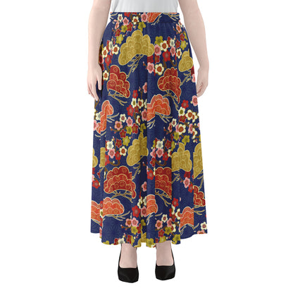 Japanese Cherry Blossom Pattern Print Chiffon Maxi Skirt