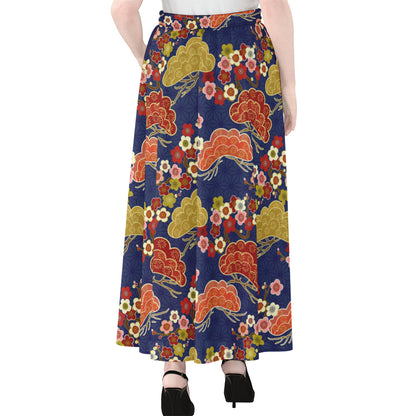 Japanese Cherry Blossom Pattern Print Chiffon Maxi Skirt
