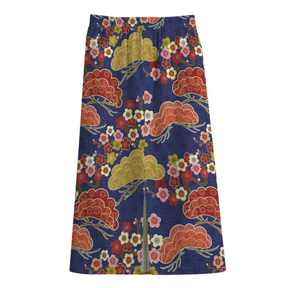 Japanese Cherry Blossom Pattern Print Cotton Front Slit Maxi Skirt