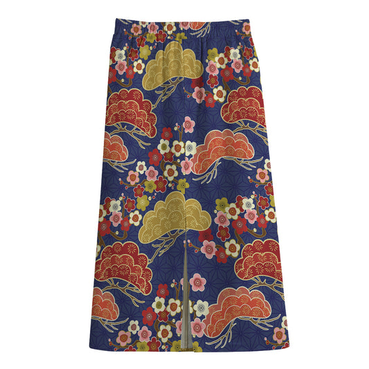 Japanese Cherry Blossom Pattern Print Cotton Front Slit Maxi Skirt