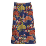 Japanese Cherry Blossom Pattern Print Cotton Front Slit Maxi Skirt