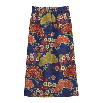 Japanese Cherry Blossom Pattern Print Cotton Front Slit Maxi Skirt