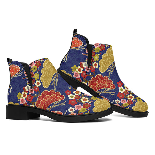 Japanese Cherry Blossom Pattern Print Flat Ankle Boots