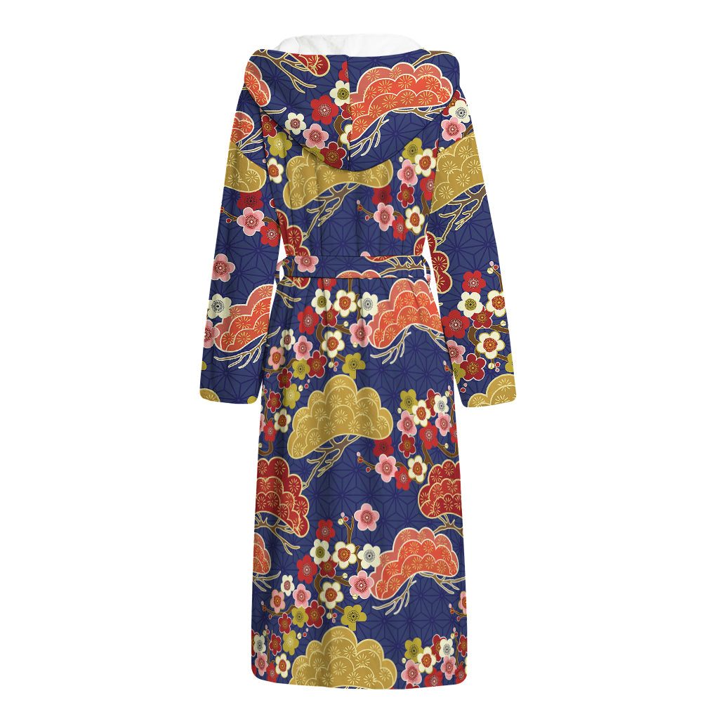 Japanese Cherry Blossom Pattern Print Hooded Bathrobe