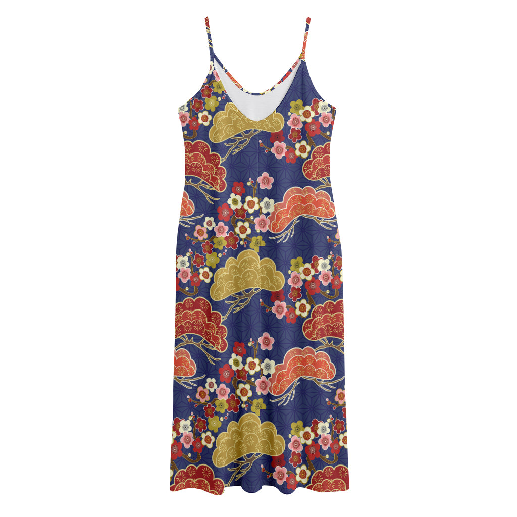 Japanese Cherry Blossom Pattern Print Jersey Midi Cami Dress