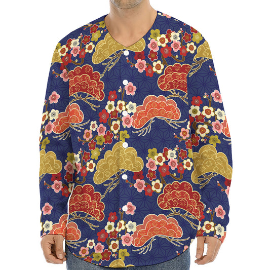 Japanese Cherry Blossom Pattern Print Long Sleeve Baseball Jersey