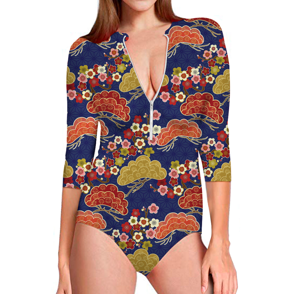 Japanese Cherry Blossom Pattern Print Long Sleeve Swimsuit