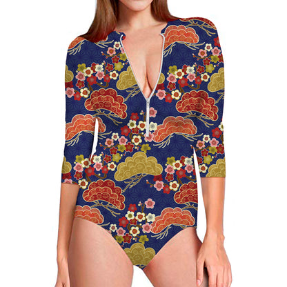 Japanese Cherry Blossom Pattern Print Long Sleeve Swimsuit