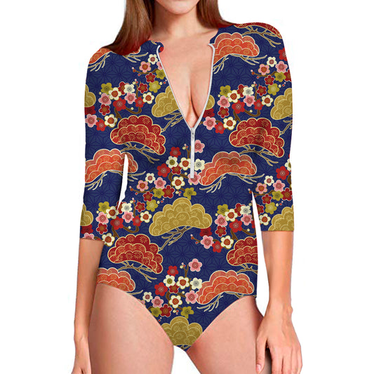 Japanese Cherry Blossom Pattern Print Long Sleeve Swimsuit
