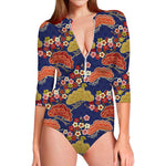 Japanese Cherry Blossom Pattern Print Long Sleeve Swimsuit