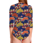 Japanese Cherry Blossom Pattern Print Long Sleeve Swimsuit