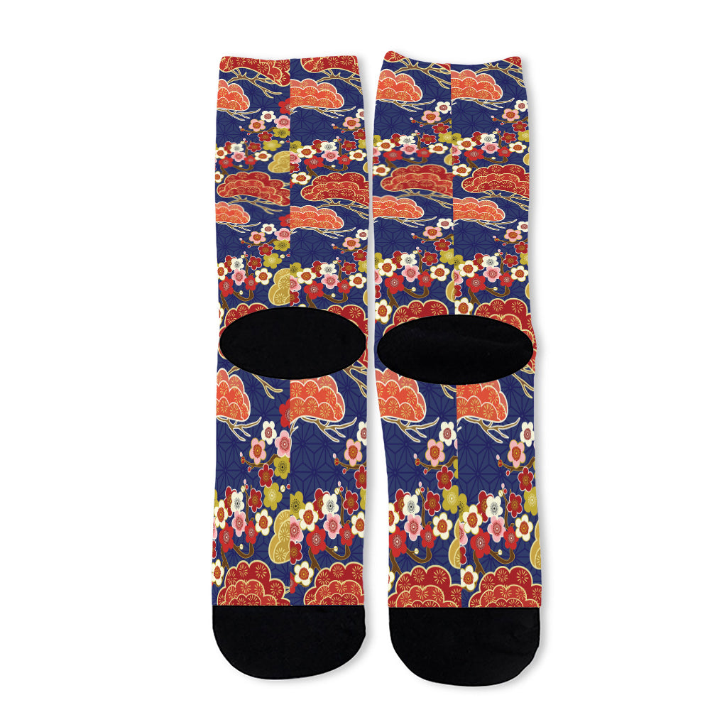 Japanese Cherry Blossom Pattern Print Long Socks