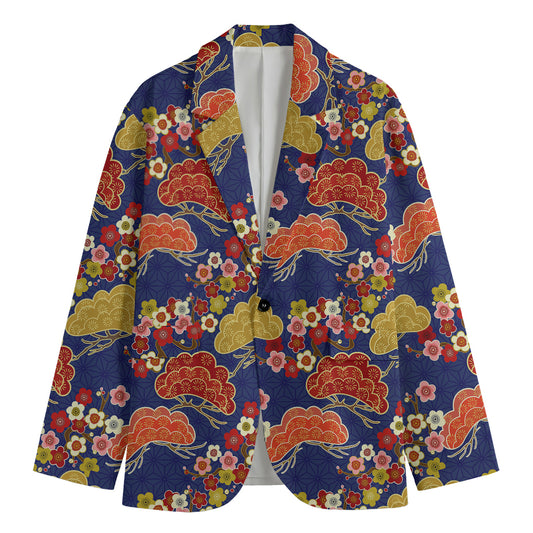 Japanese Cherry Blossom Pattern Print Men's Cotton Blazer