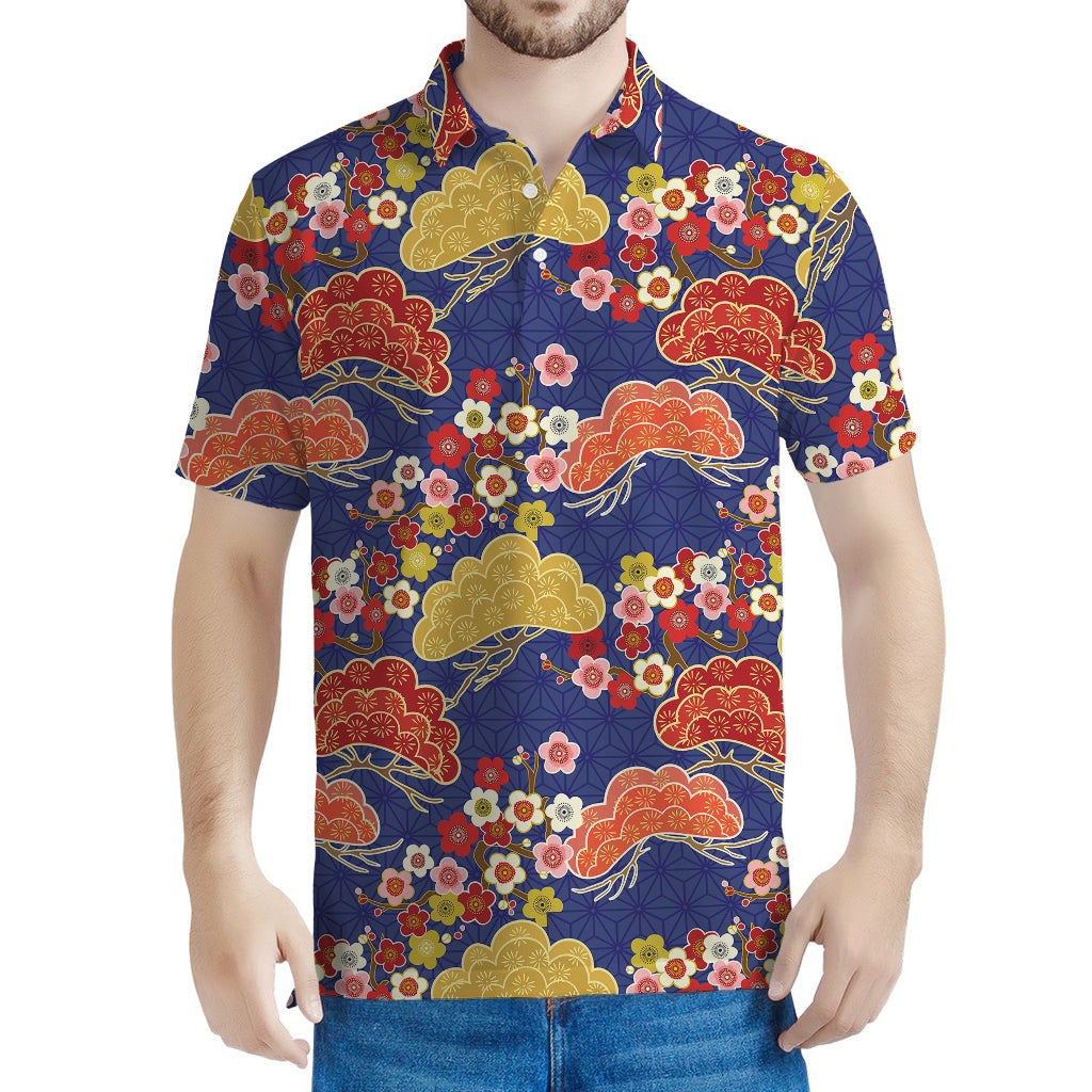 Japanese Cherry Blossom Pattern Print Men's Polo Shirt