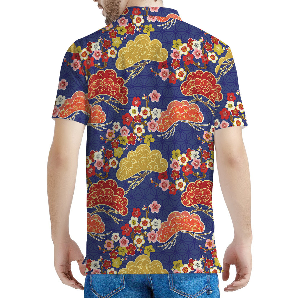 Japanese Cherry Blossom Pattern Print Men's Polo Shirt